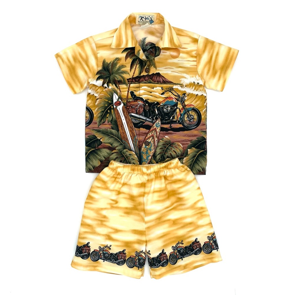 EUC KY’S Hawaiian Aloha Motorcycle Short Sleeve Shirt & Short Set in Yellow 2
